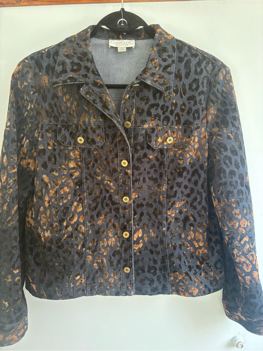 Conrad C Black & Bronze Leopard Print Jean Jacket